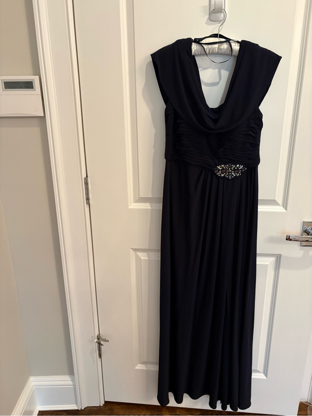 Stenay Black Draped Cowl Neck Maxi Dress with Jeweled Waist